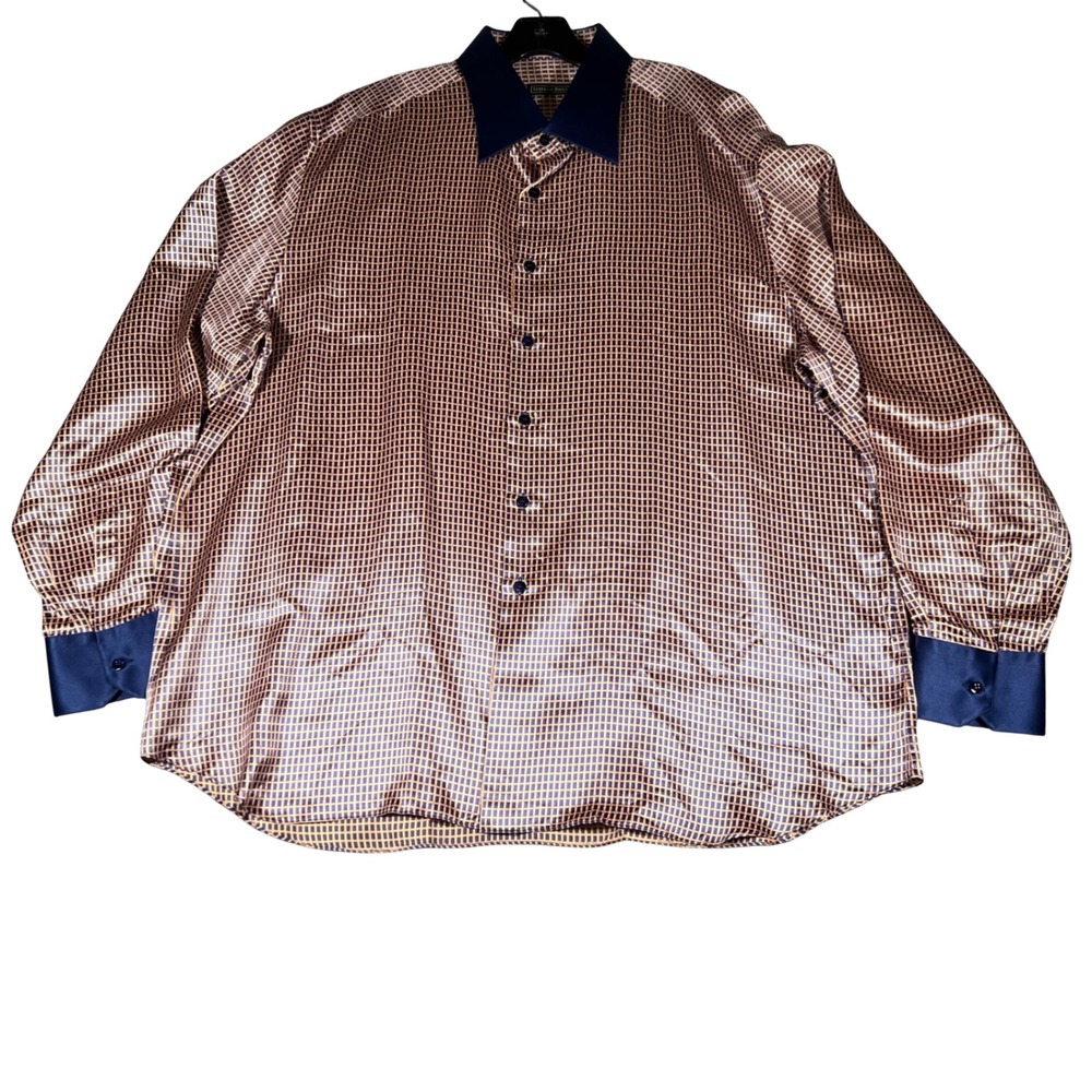 Stefano Ricci Silk Shirt XXXL Mens Blue Gold Geometric Pattern Contrast Collar